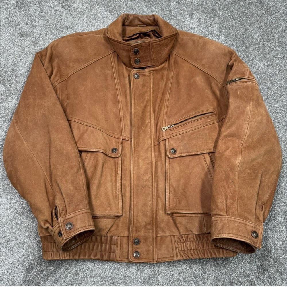 Vintage Leather Jacket Men Large Brown Tan Zip Hide Coat Heavy Wilsons Adventure